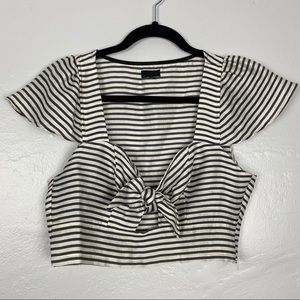 NBD Blue & Off White Striped Bow Tie Crop Top